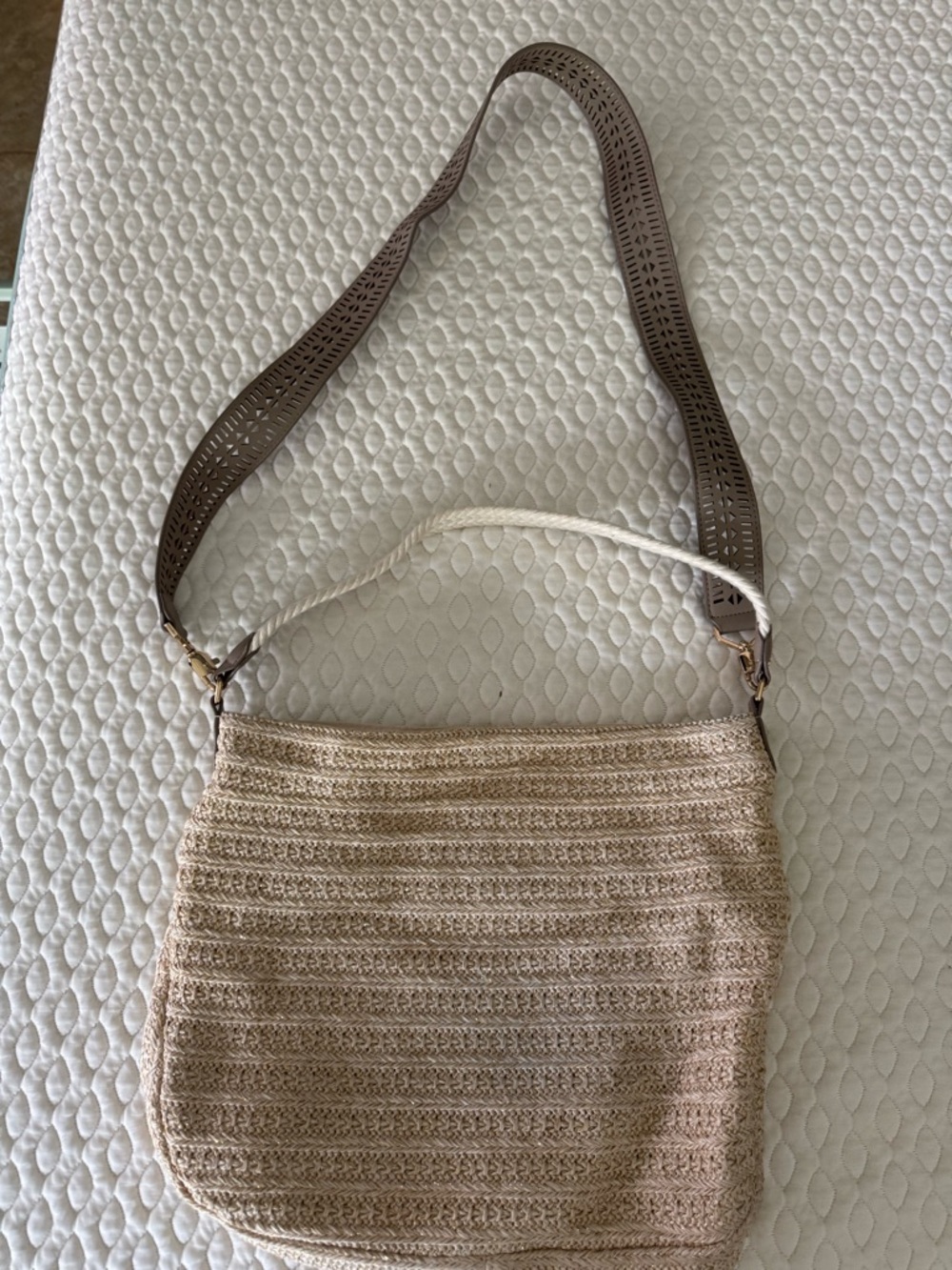 Stella & Dot Woven Beige Shoulder Bag with Contrasting Strap